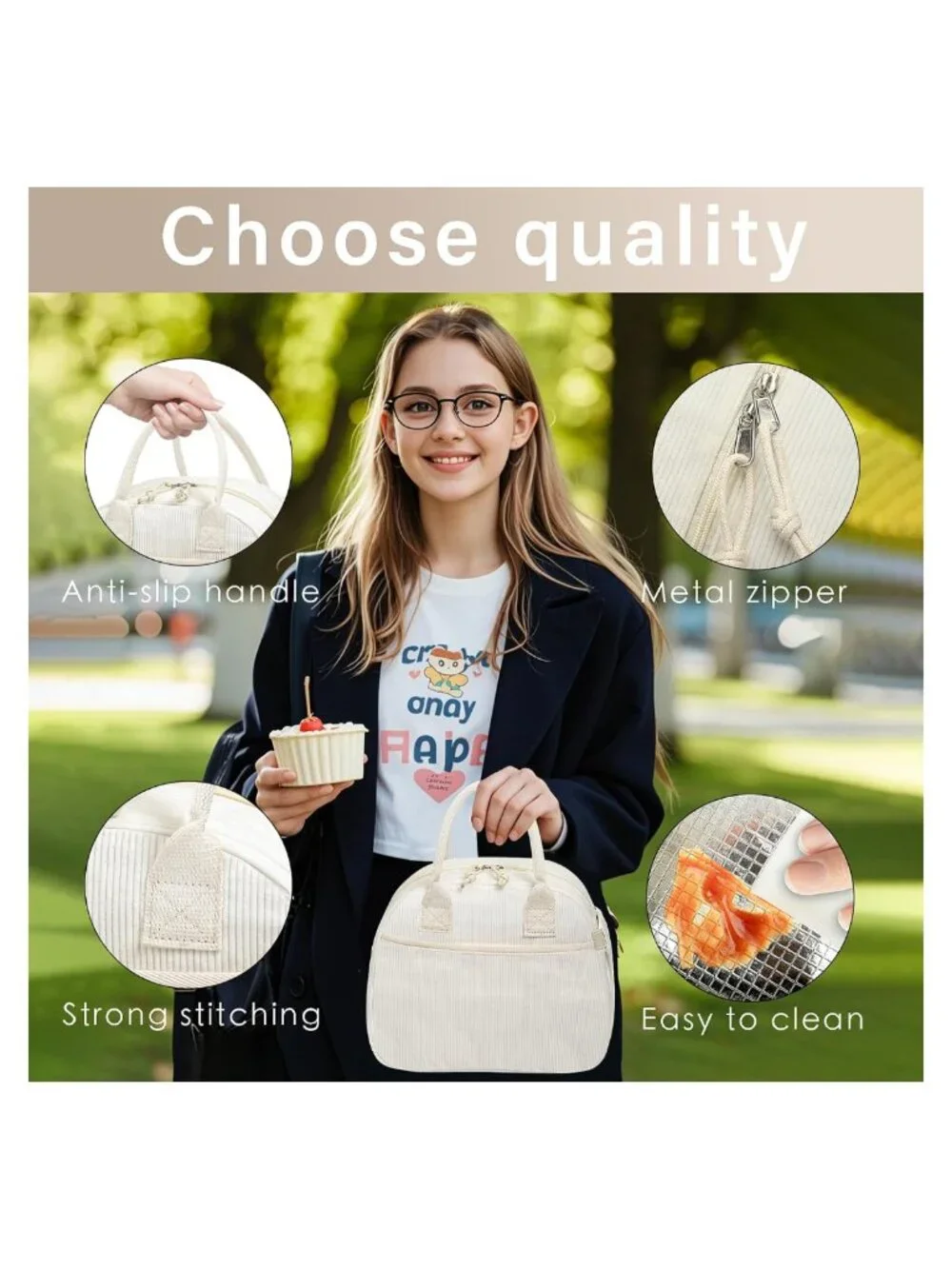 Insulated Corduroy Lunch Box Tote Bag for Women Large Capacity